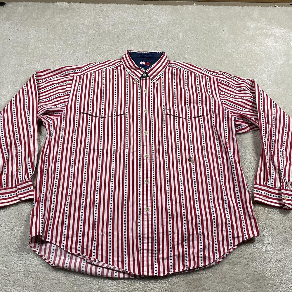 VTG Tommy Hilfiger Shirt Mens XL Red White Star‎ Stripe Button Down USA Preppy